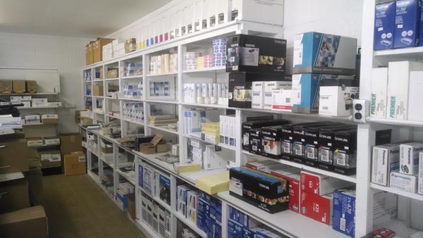 Shelves of office supplies at Litho-Craft