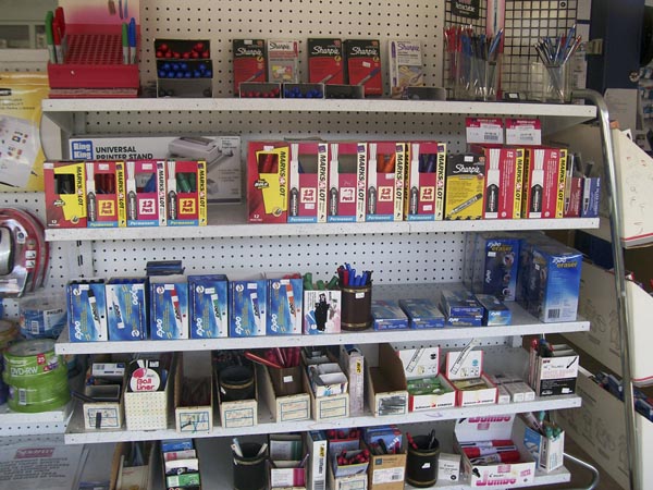 Shelves of office supplies
